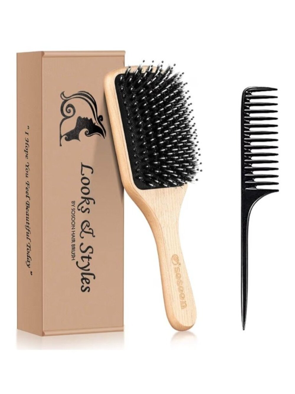 Sasoon Bristle Paddle Hairbrush with Tail Comb Natural Wooden Handle